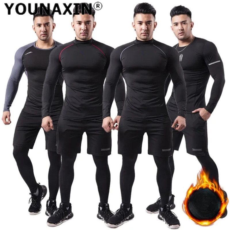 T Shirt Tight Fit - 3 ピース男性ぬいぐるみ暖かいスポーツスーツサーマル T シャツ冬のトレーニングランニングショーツタイツパンツヨガベースフィットネス衣類セット
