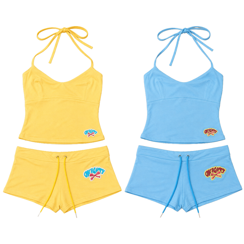 Suspender Tank Top - レディース2ピースショートセット キャミトップショーツセット ルシュドスパゲッティストラップクロップタンクトップ カジュアルサマーマッチングセット Y2Kスタイル