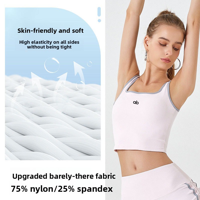 女性用サマーリブヨガタンクトップ、内蔵パッド付きストラップ、 - Suspender Tank Top のレビューと価格