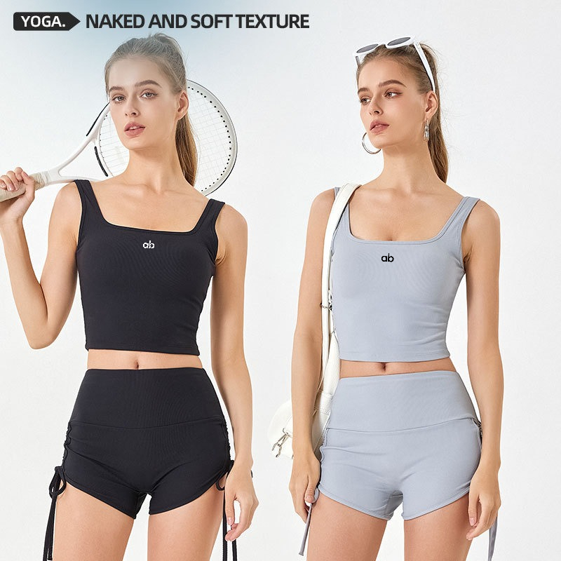 女性用サマーリブヨガタンクトップ、内蔵パッド付きストラップ、 - Suspender Tank Top のレビューと価格